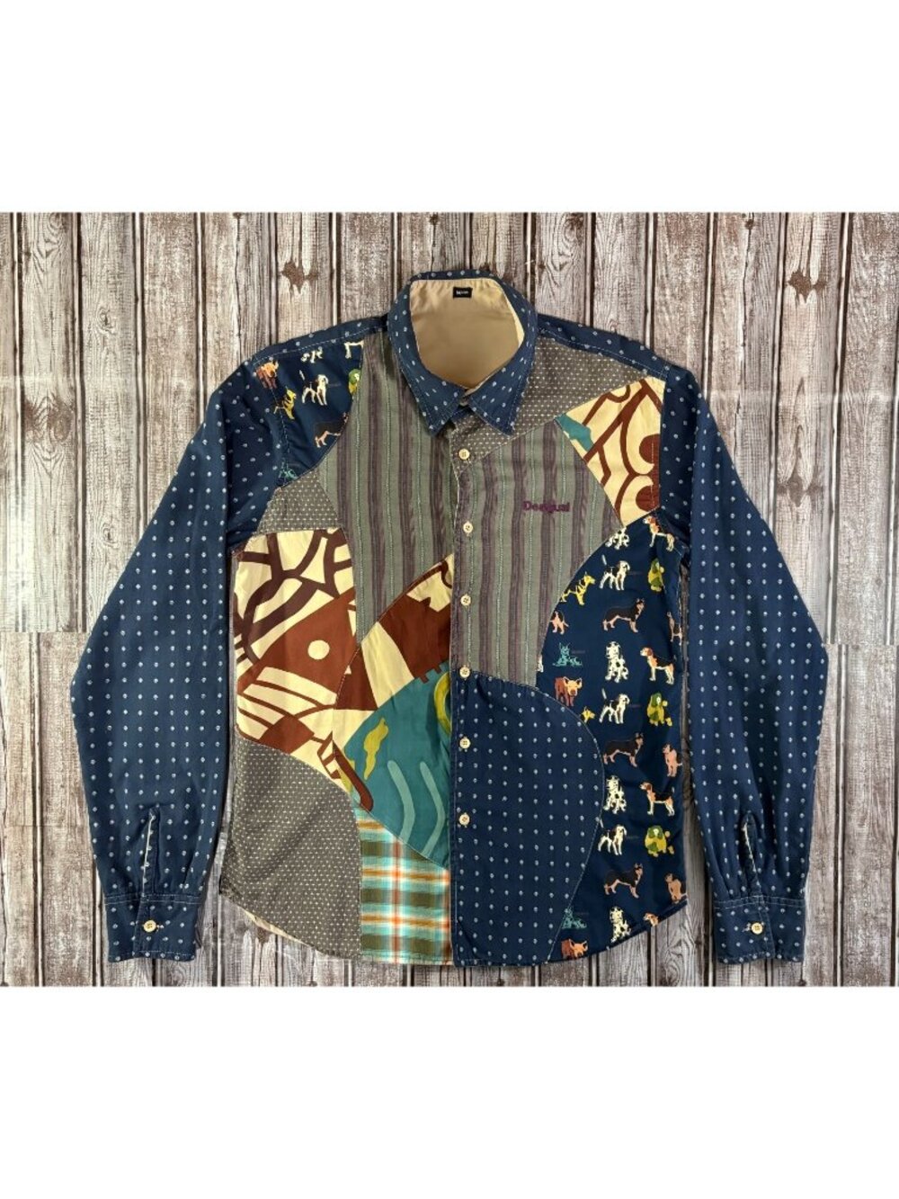 Desigual Y2K Happy Multicolour Patchwork Style Button Up Shirt Size M "dogs"